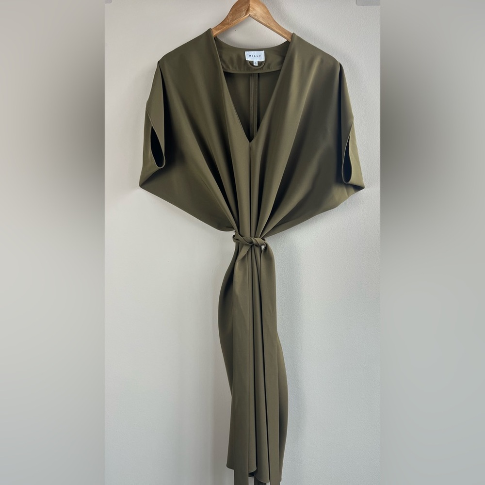 Milly Olive Green Batwing Cocoon Tie Waist Kimono Cocktail Dress Size Medium - Picture 4 of 11
